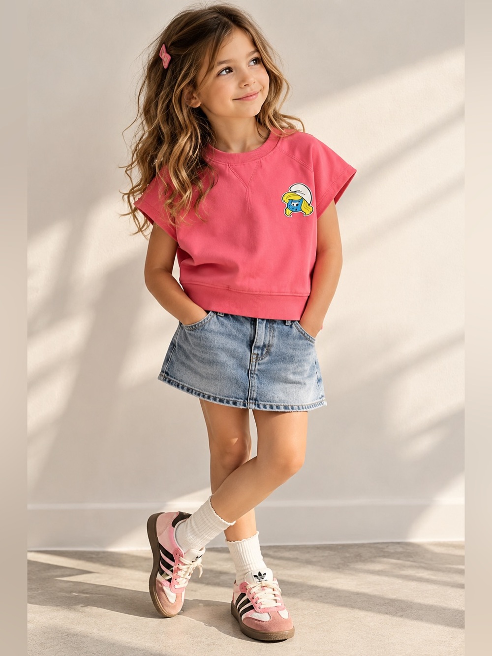 The Smurfs x Sinsay Pink Cropped Short-Sleeve Sweatshirt ~ medium